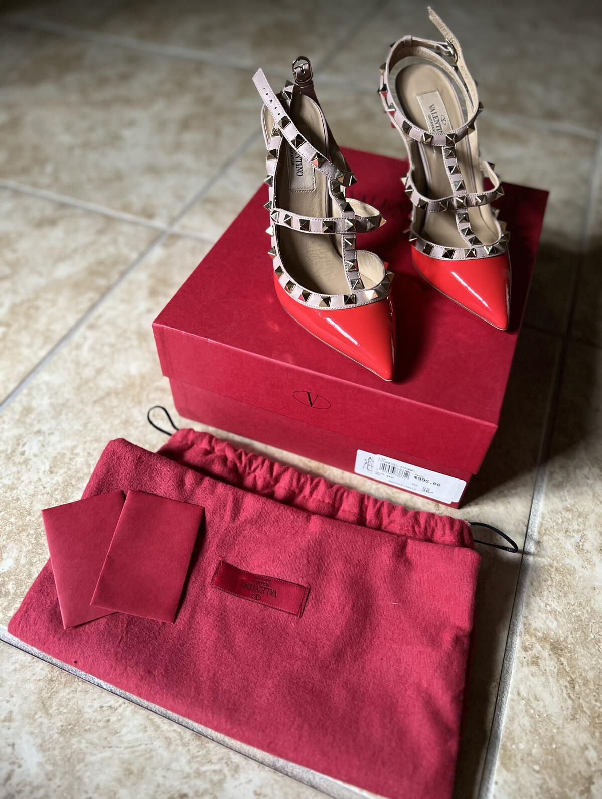 Valentino Studded Ankle Strap Stiletto Pointed Toe Leather Heels Red 36.5