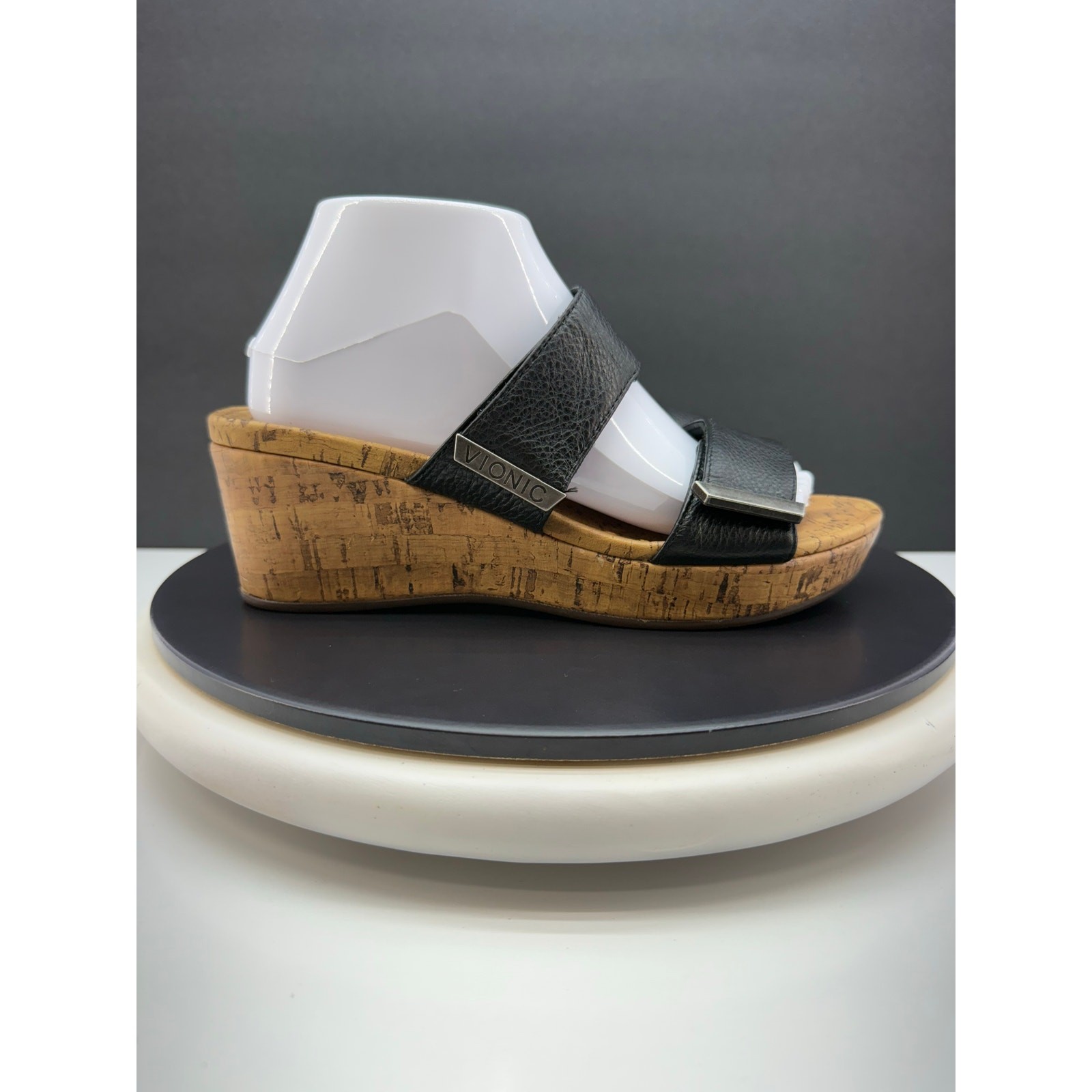 VIONIC Pepper Womens Sz 6 Black Leather Open Toe Platform Slip On Wedge Sandals