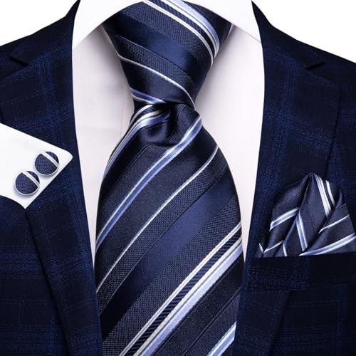 Men 63inches Tie Set Extra Long Necktie Paisley Tie Dark Blue White Striped