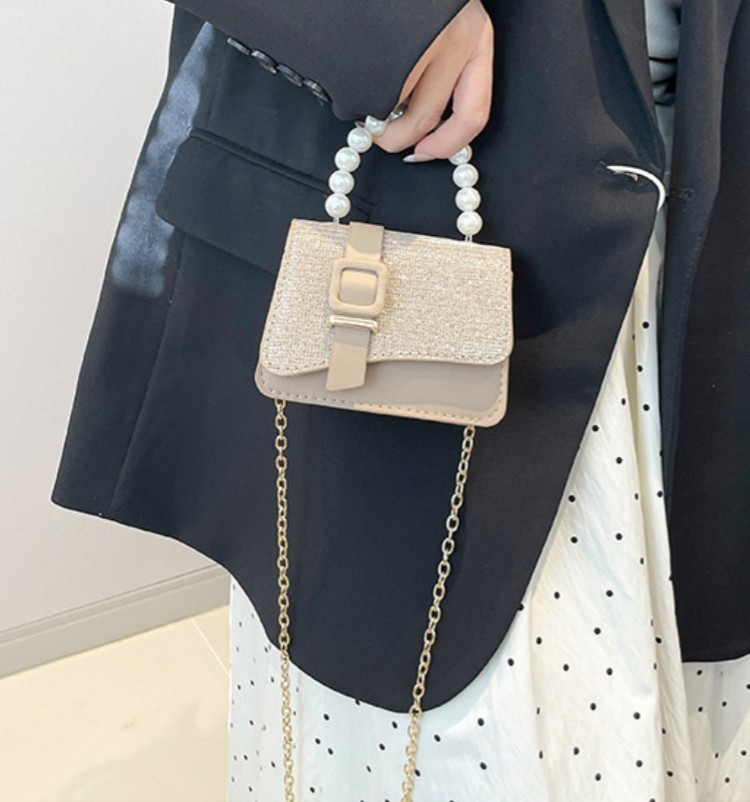 Khaki Solid Color Chain Shoulder Bag Pearl Crossbody Bag Top Handle Satchel