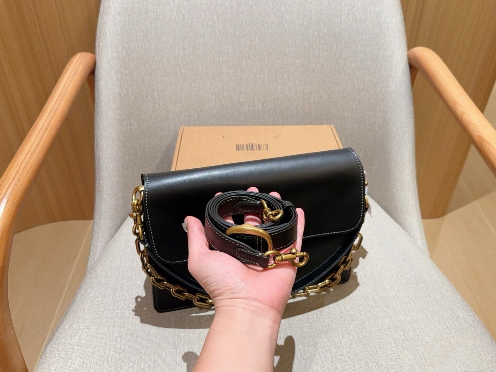 COACH Classic Flap Black Leather Large Shoulder Bag with Chain Crossbody Bag