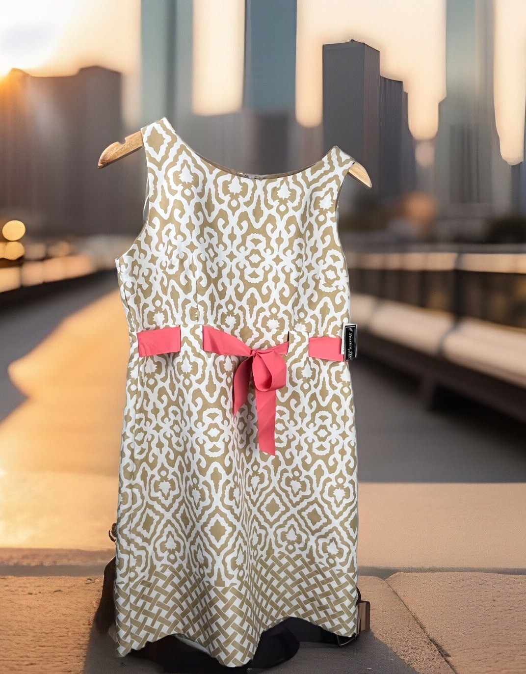 Jessica Howard Sheath Dress 10 Petite Beige White Geometric Pink Belt NWT 10P