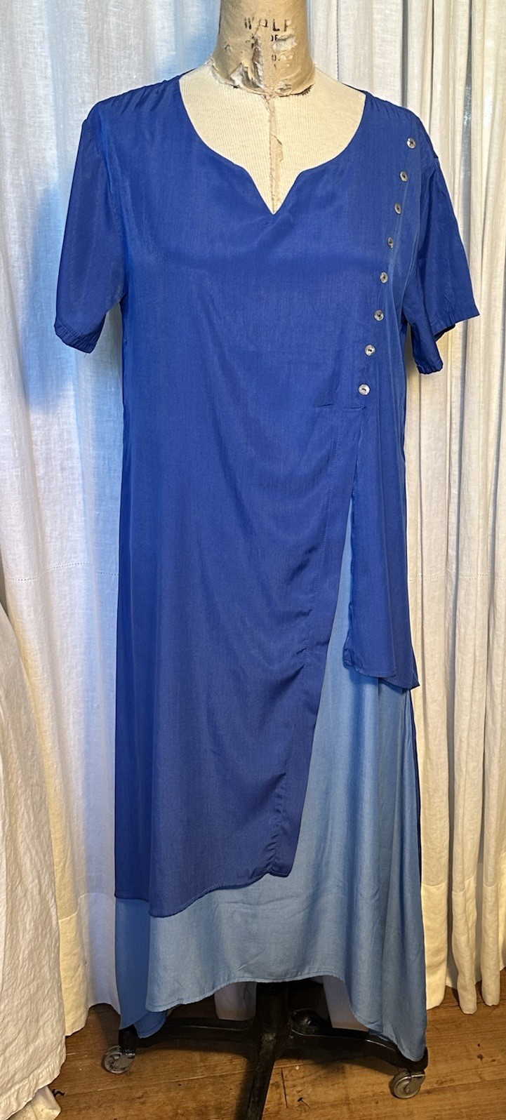 Womens Blue Silk Like S Sleeve Midi Dress Sz S-M Pre-owned