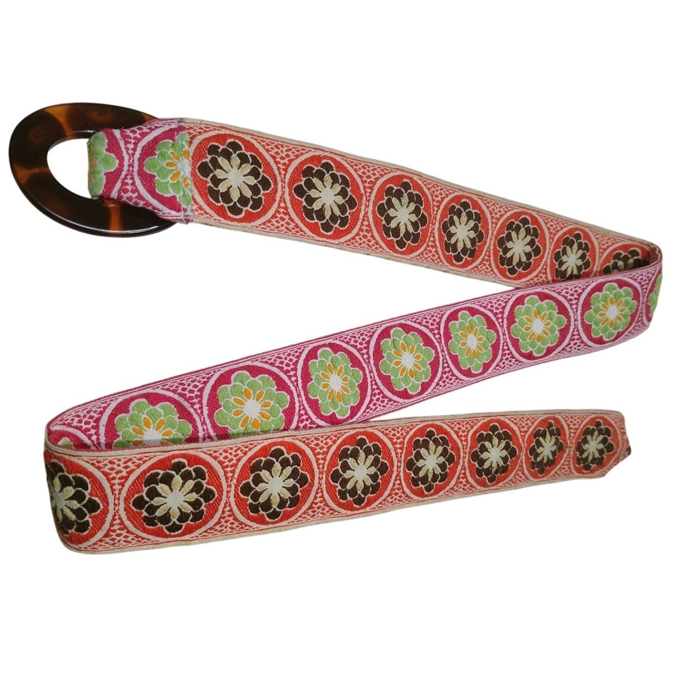 70s Vintage Reversible Cloth Pull Through Belt Floral Retro Funky Square Design
