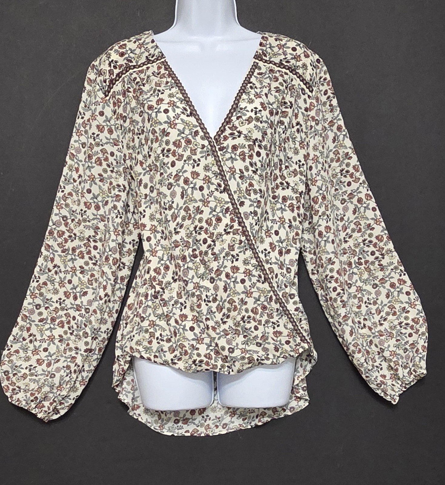 Max Studio Cottagecore Floral Wrap Blouse Long Sleeve Hi-Low Flowy Peasant – XL