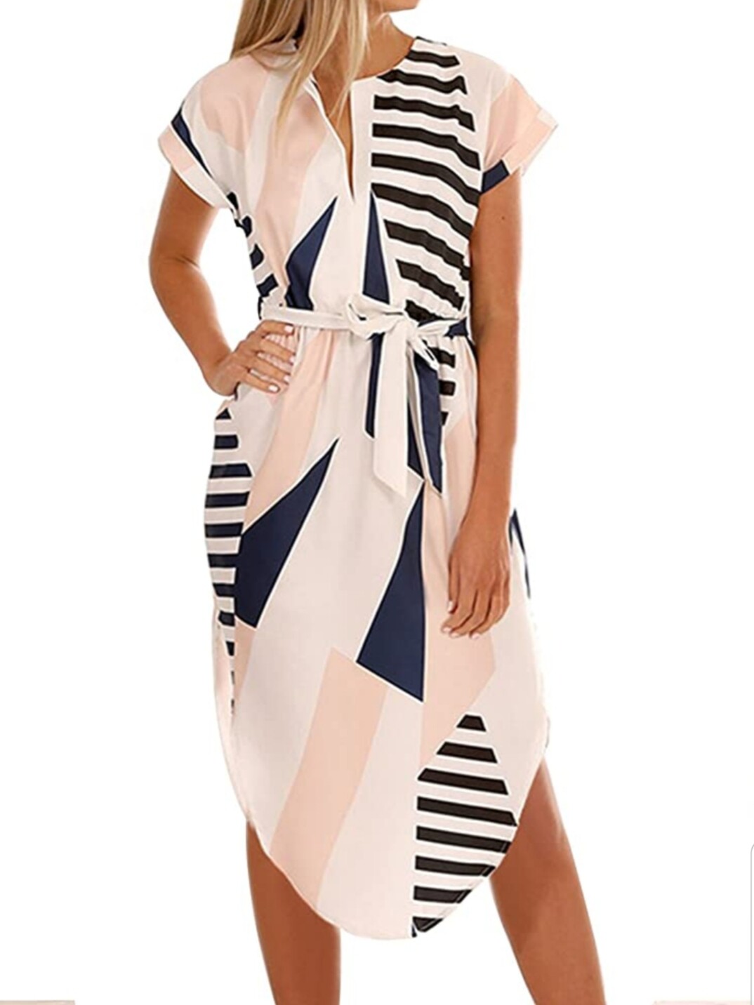 Women’s Casual Floral/Geometric Pattern Short Sleeve Spring-Summer Dress w/ Belt