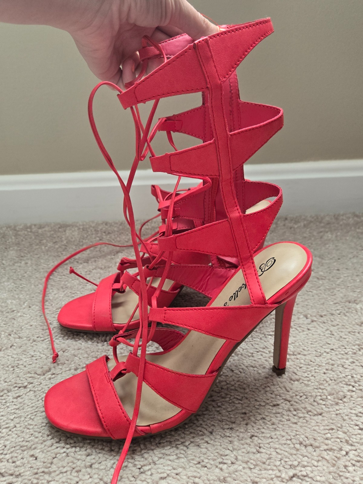 Red faux leather lace up high heels size 6.5 . Thin heel