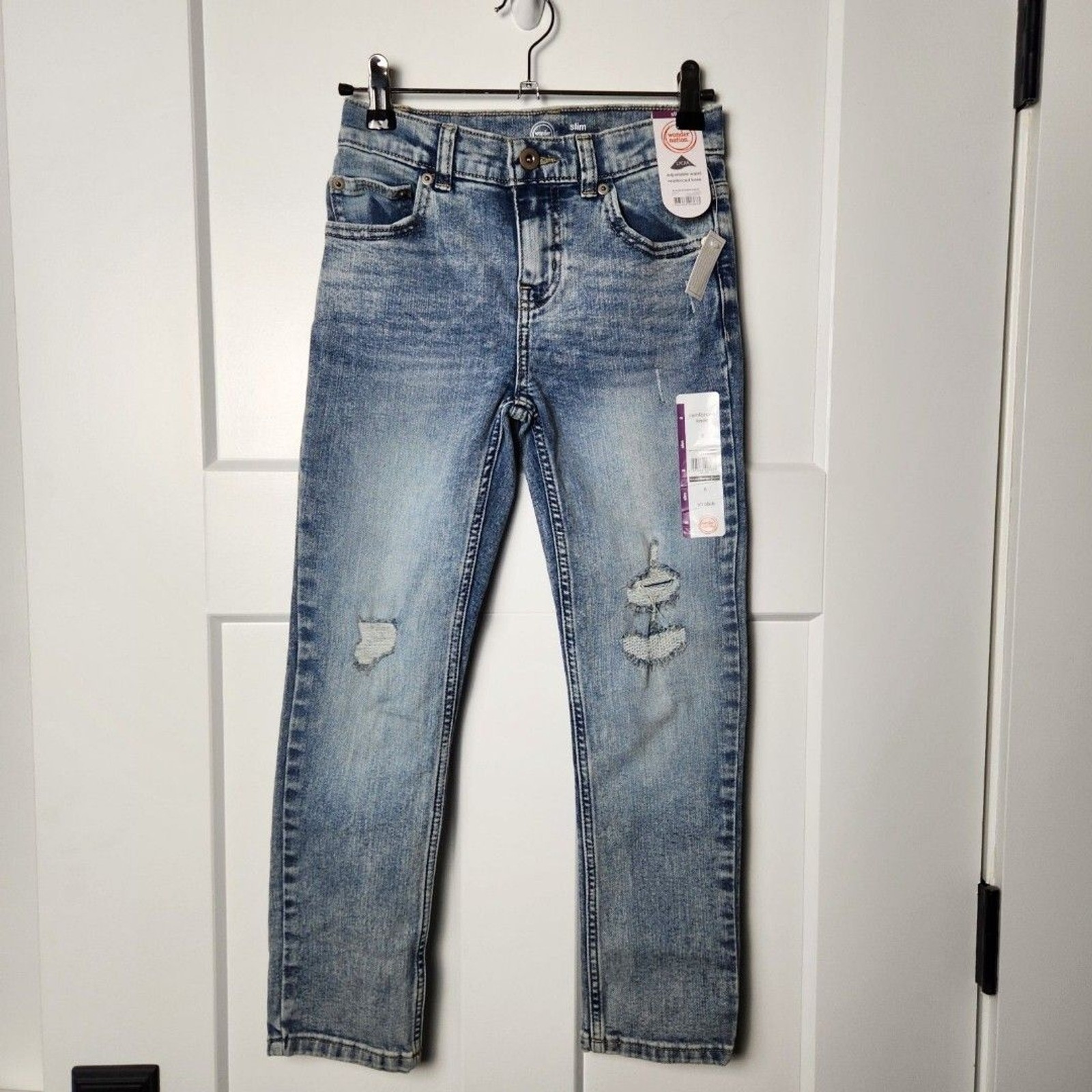 Boys Jeans Distressed Slim Stretch Adjustable Waist Sz 8 Reinforced Knee NWT