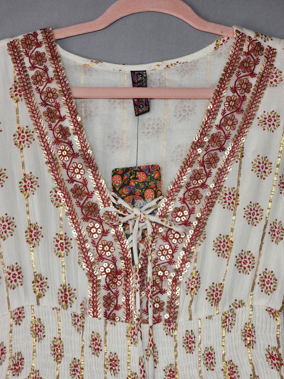 Anthropologie Me 2 Magic Size S Ivory Smocked Boho Maxi Dress Glitter Sequins