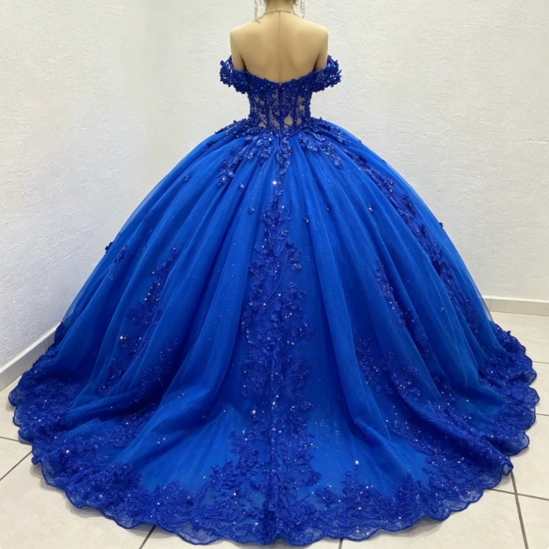 Royal Blue 3D Flowers Beading Quinceanera Dresses Off Shoulder Party Ball Gowns