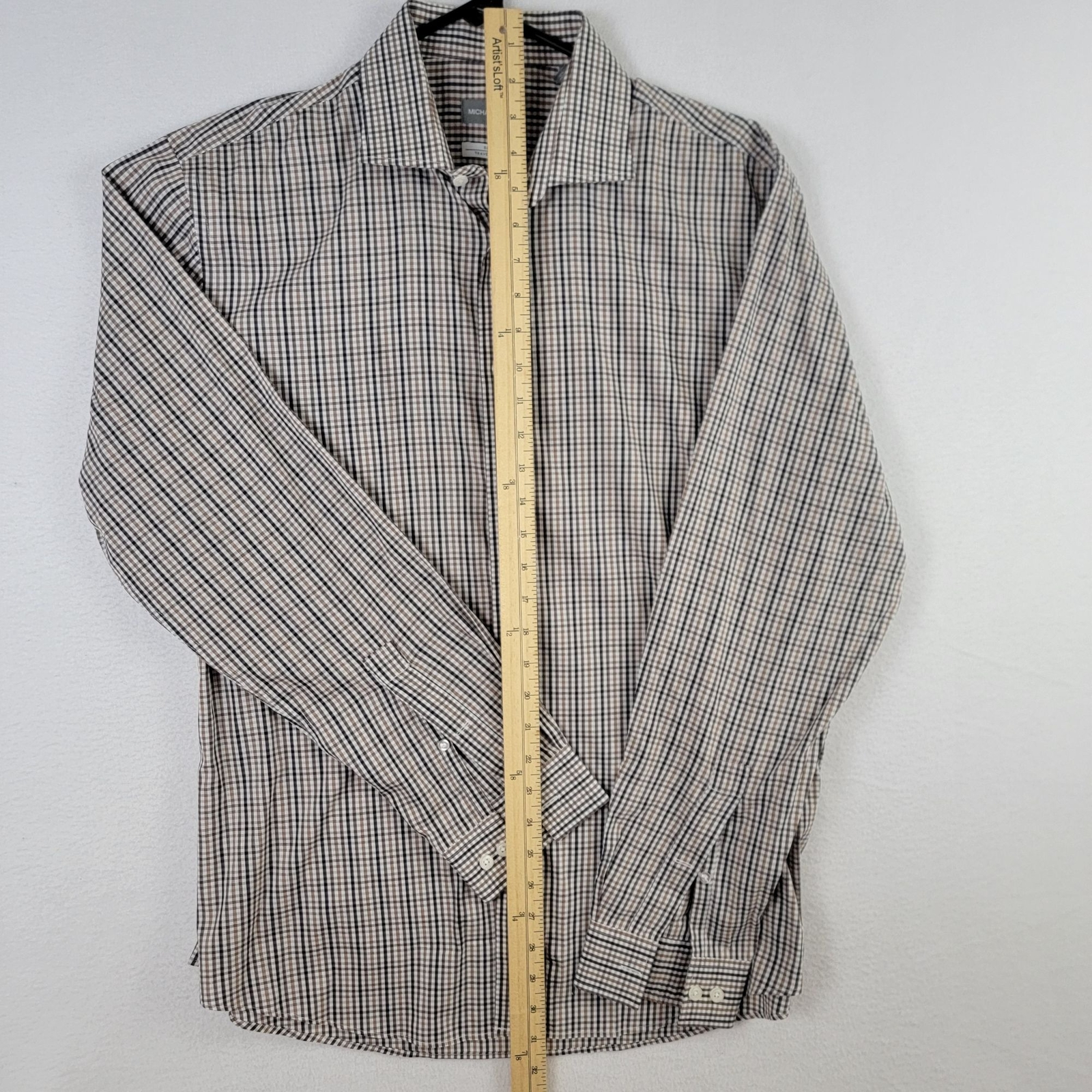 Michael Kors Slim Fit Travel Stretch Mens L Checkered Button-Up Shirt 16.5 34/35