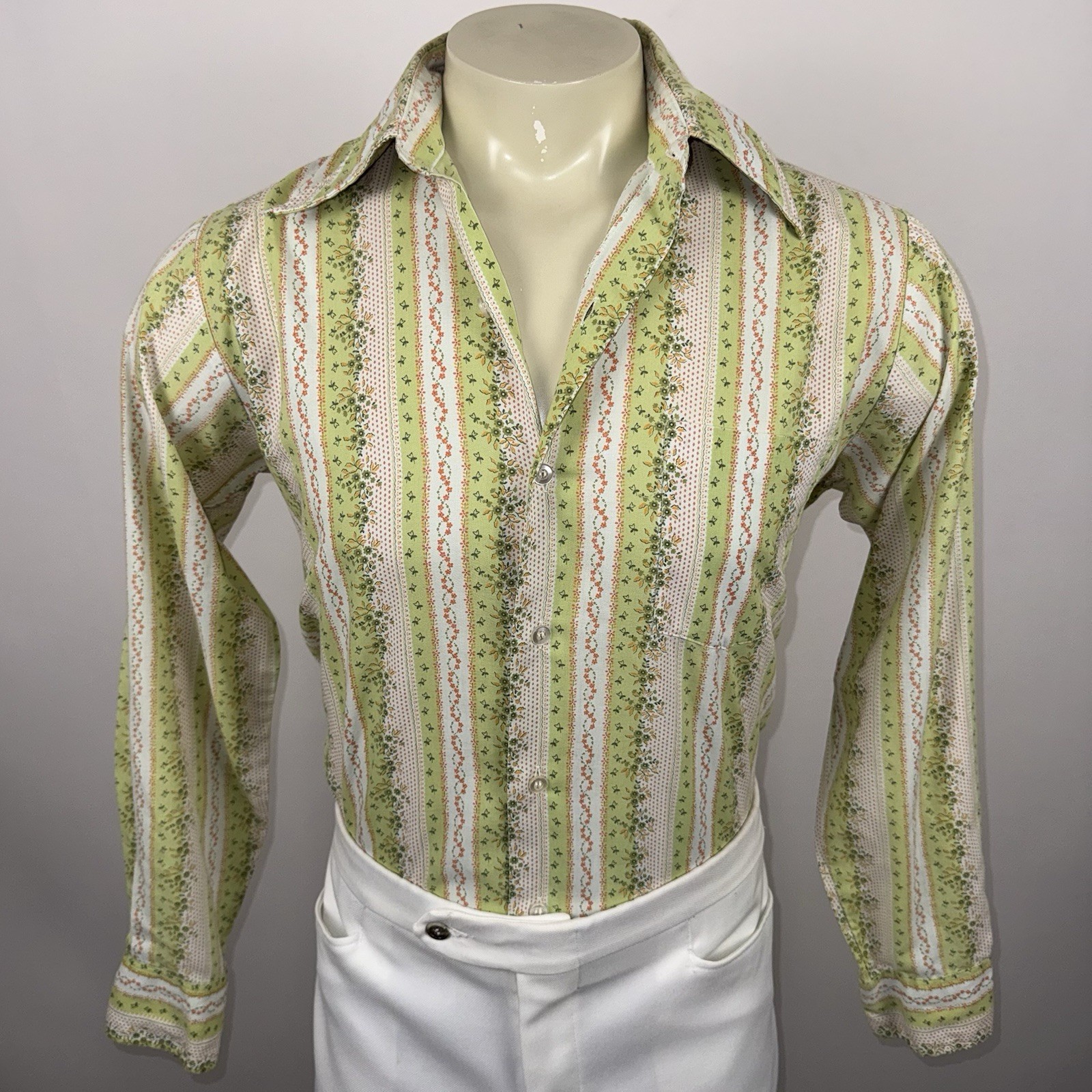 1960s Towncraft Penneys Shirt Vtg Hippie Disco MCM Mod Green Floral Mens Medium