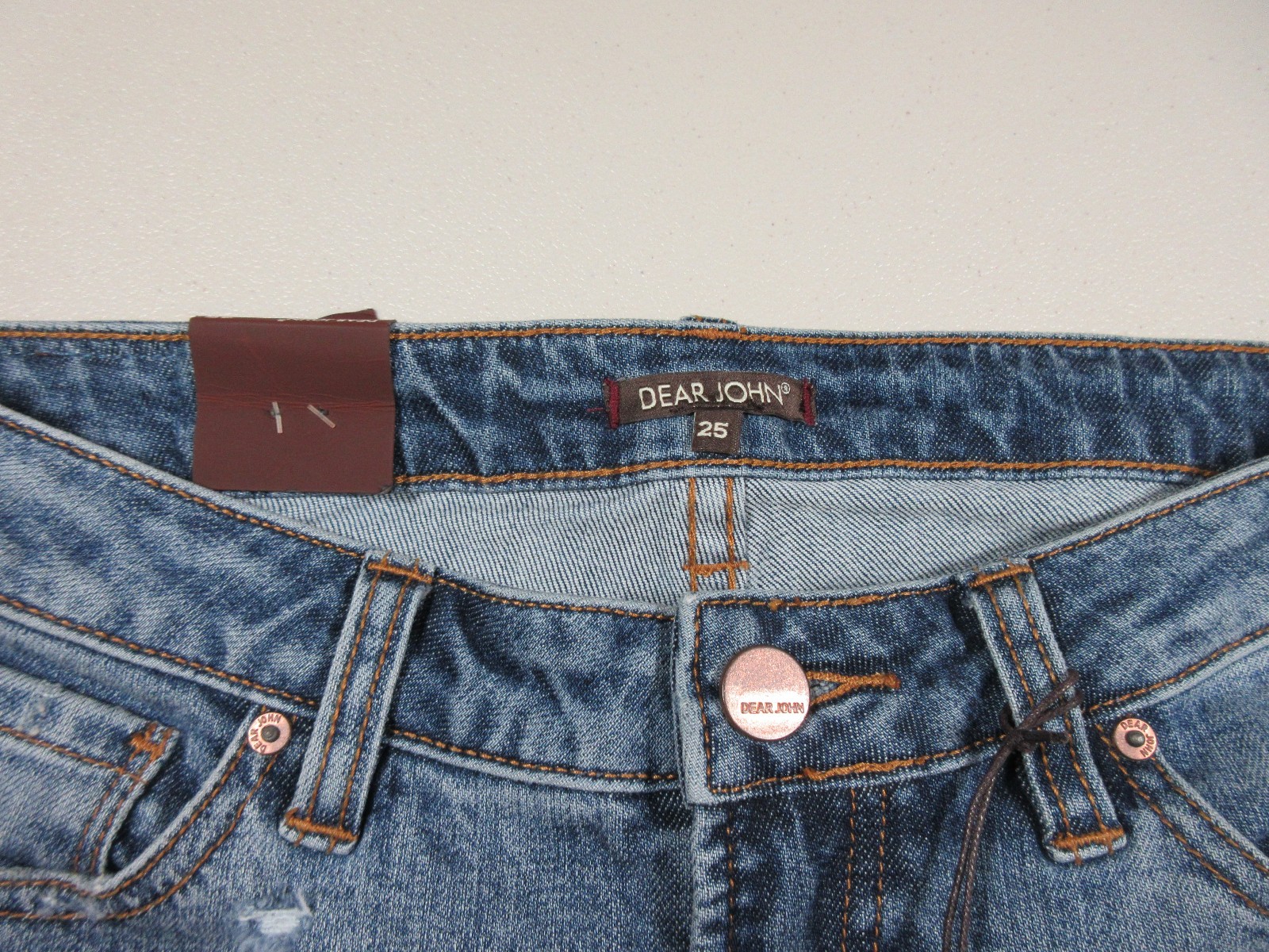 Dear John womens medium wash rips Playback straight stretch jeans 25×32 NWT