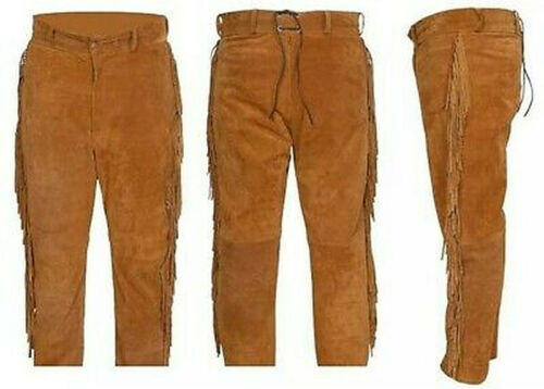 Men Native American Western Cowboy Leather Pants Full Leg Fringe Suede Leather