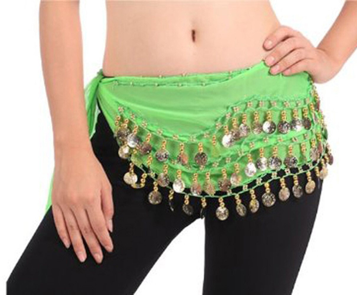 Women Belly Dance Costumes Hip Scarf Wrap Belt Skirt Gold/Silver Coins Beads US