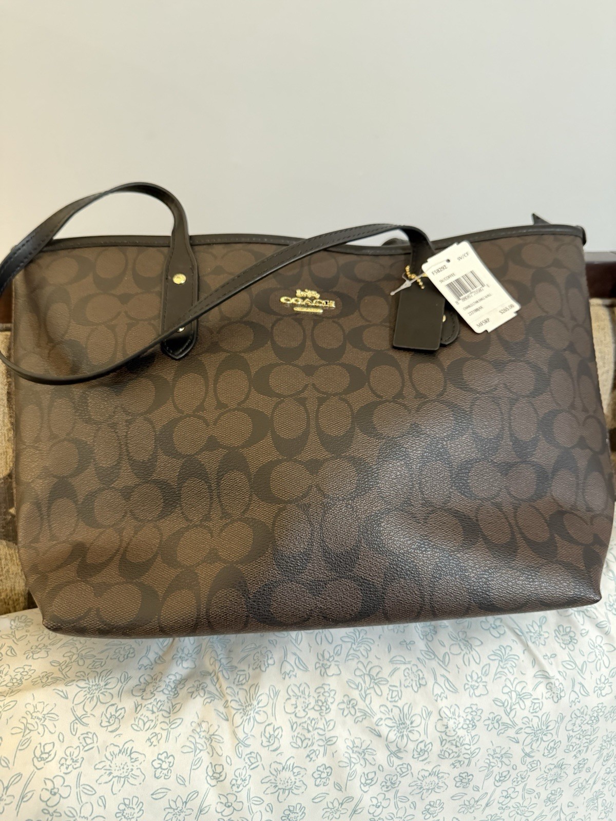 Coach Signature Logo Zip Top Tote Large Brown/Black Gold Hardware Brand Card