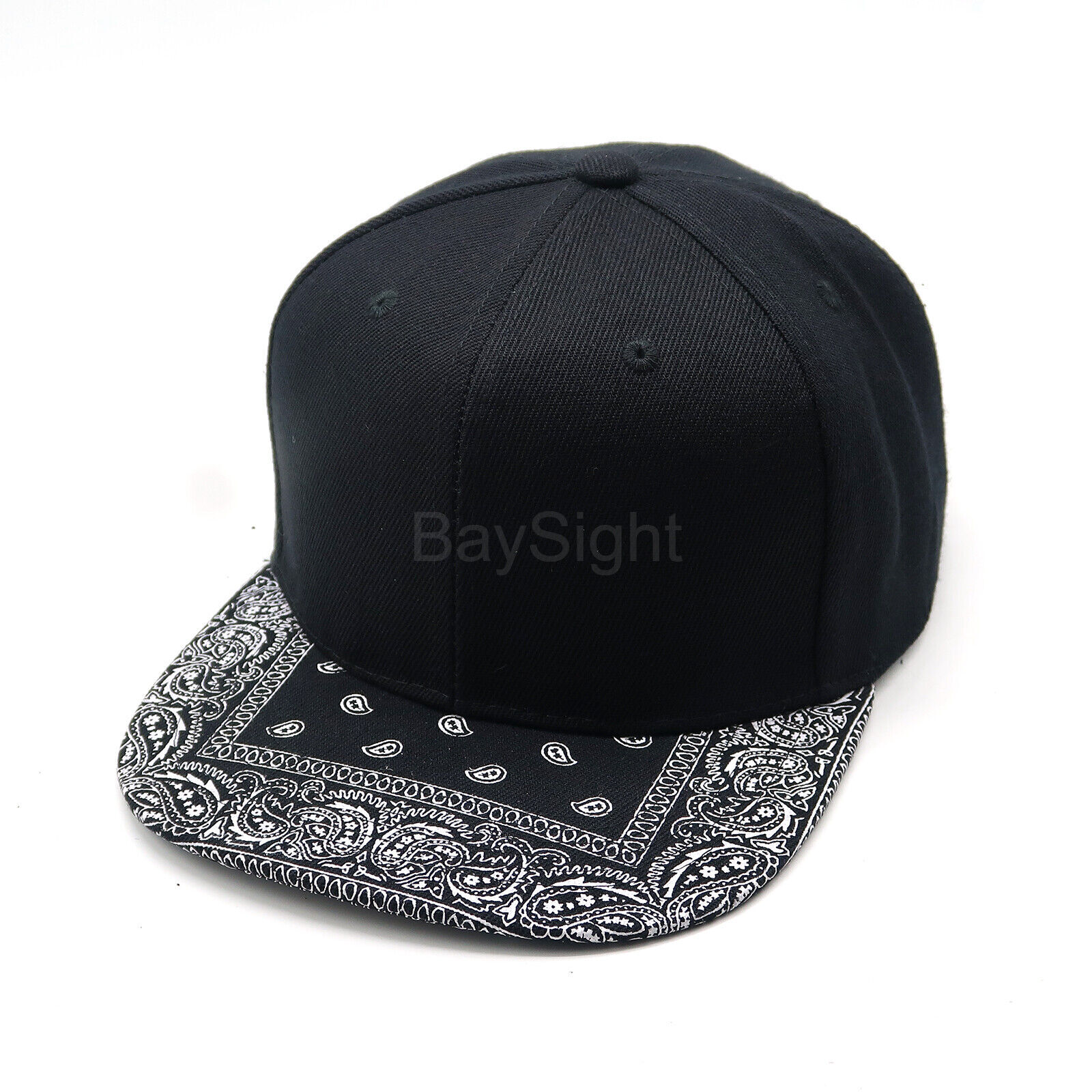 Mens Baseball Cap Snapback Adjustable Bandana Paisley Hat Solid Black Flat Bill
