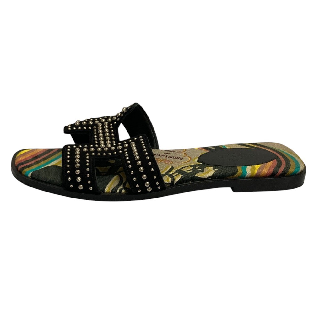 HERMES Oran Studded Flat Sandals, Size 36 Black and Multicolor Women USED