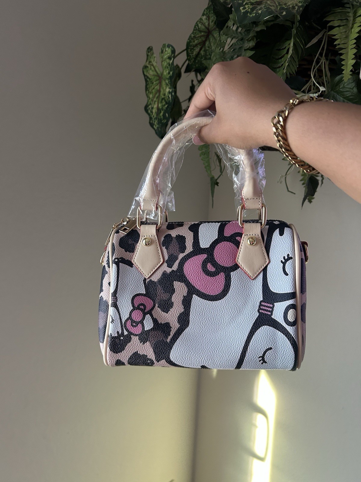 Hello Kitty Leopard Print Satchel Top Handle Bag, Zip, Detachable Strap