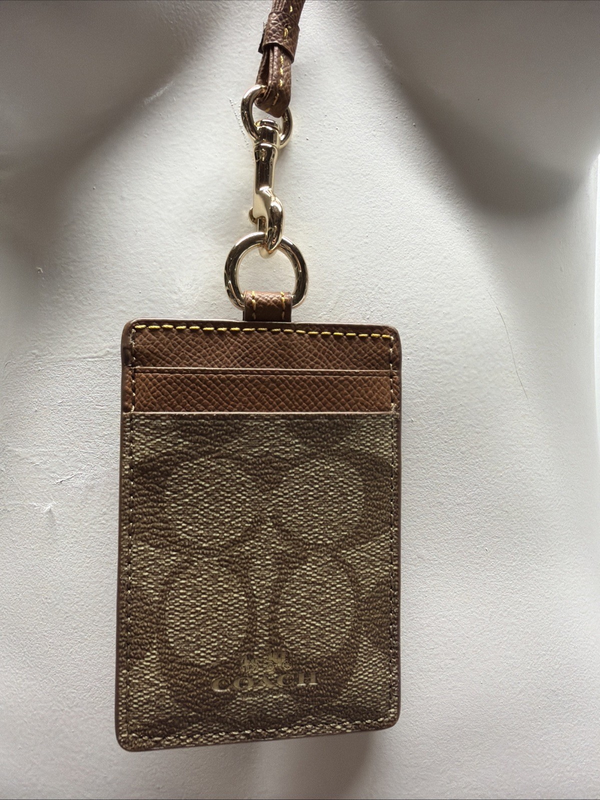 Coach ID Lanyard Card License Holder Signature Leather Jacquard Gold Tan Brown