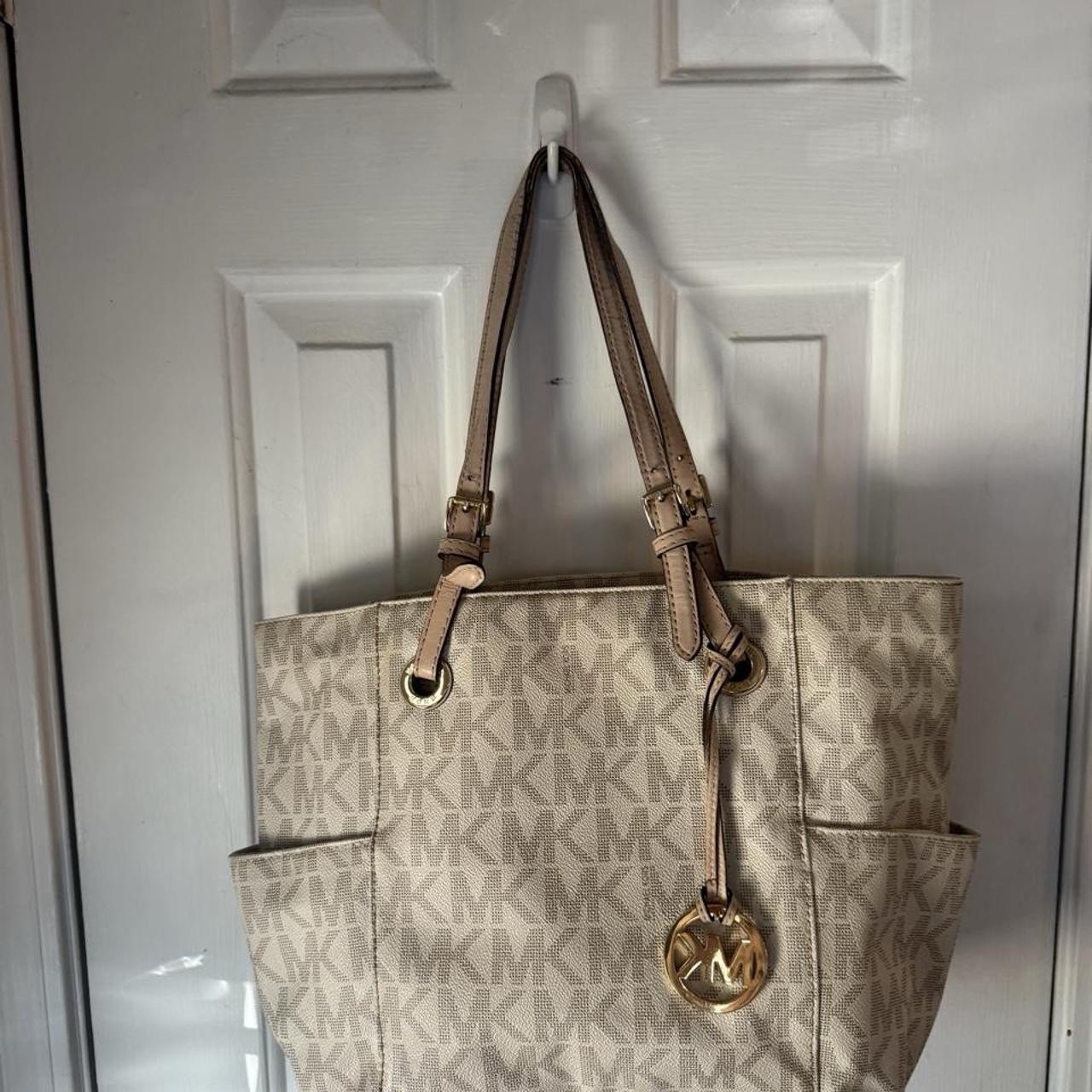 Michael Kors Large Beige Monogram Tote Zip Shoulder Strap, Charm, Pockets