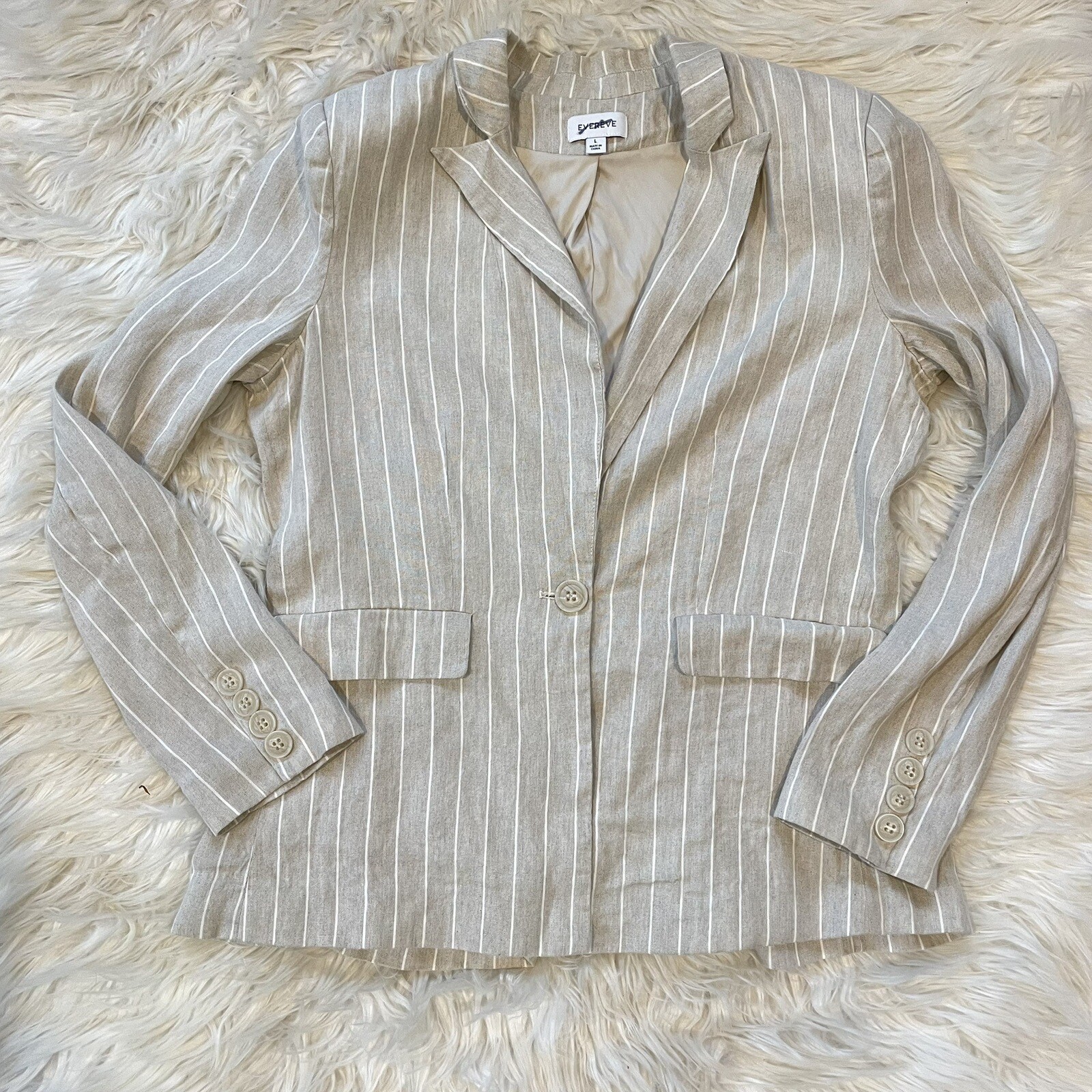 Evereve Clarkson Blazer Womens Large Linen Tan Pinstripe Office Academia Preppy