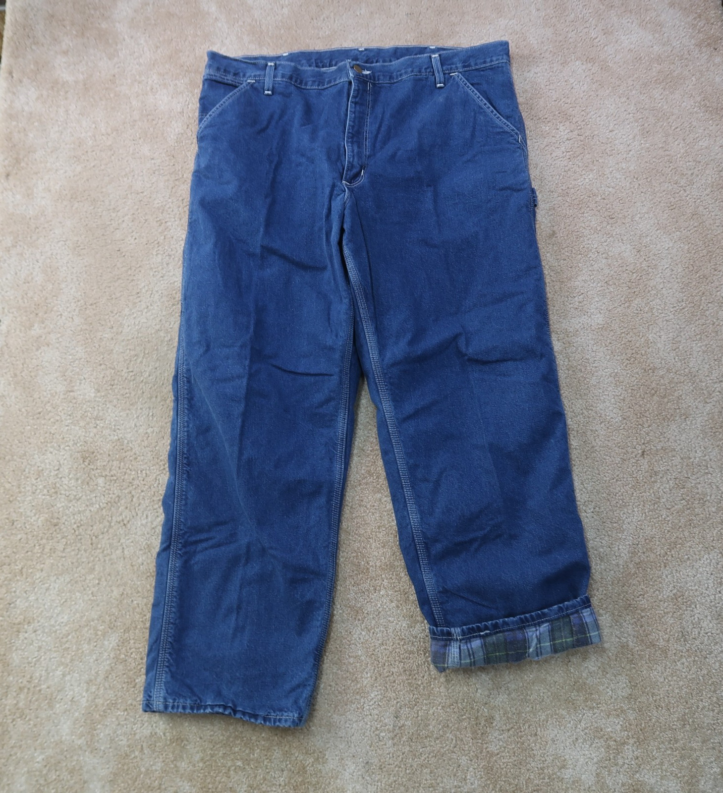 vintage Carhartt Flannel Lined carpenter Jeans Men 42×30 Blue Denim