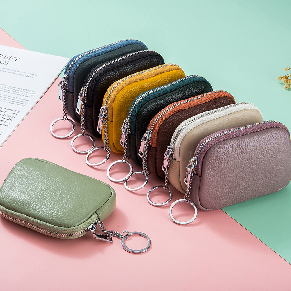 Women Men Genuine Leather Small Coin Holder Change Purse Zipper Key Card Wallet