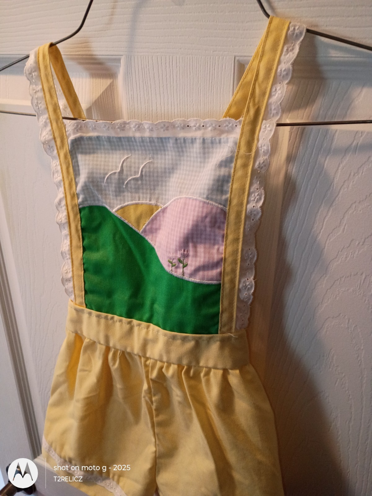 Vtg 3T Summer Embroidered Yellow Jumper~Gender Neutral-Field/Birds/Sky~USA Made