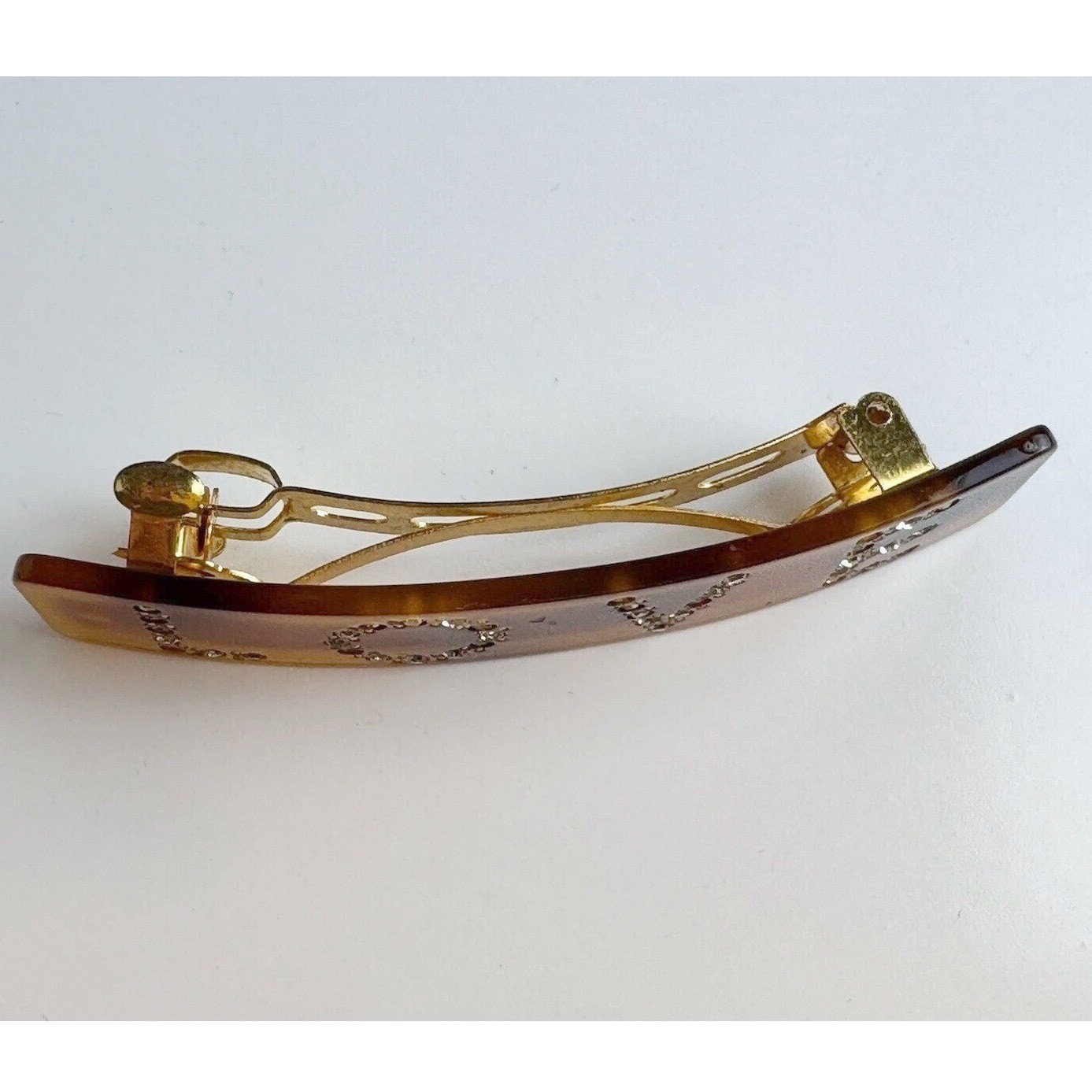 Vintage Amber Tortoiseshell LOVE Rhinestone Hair Barrette French Clip J-01