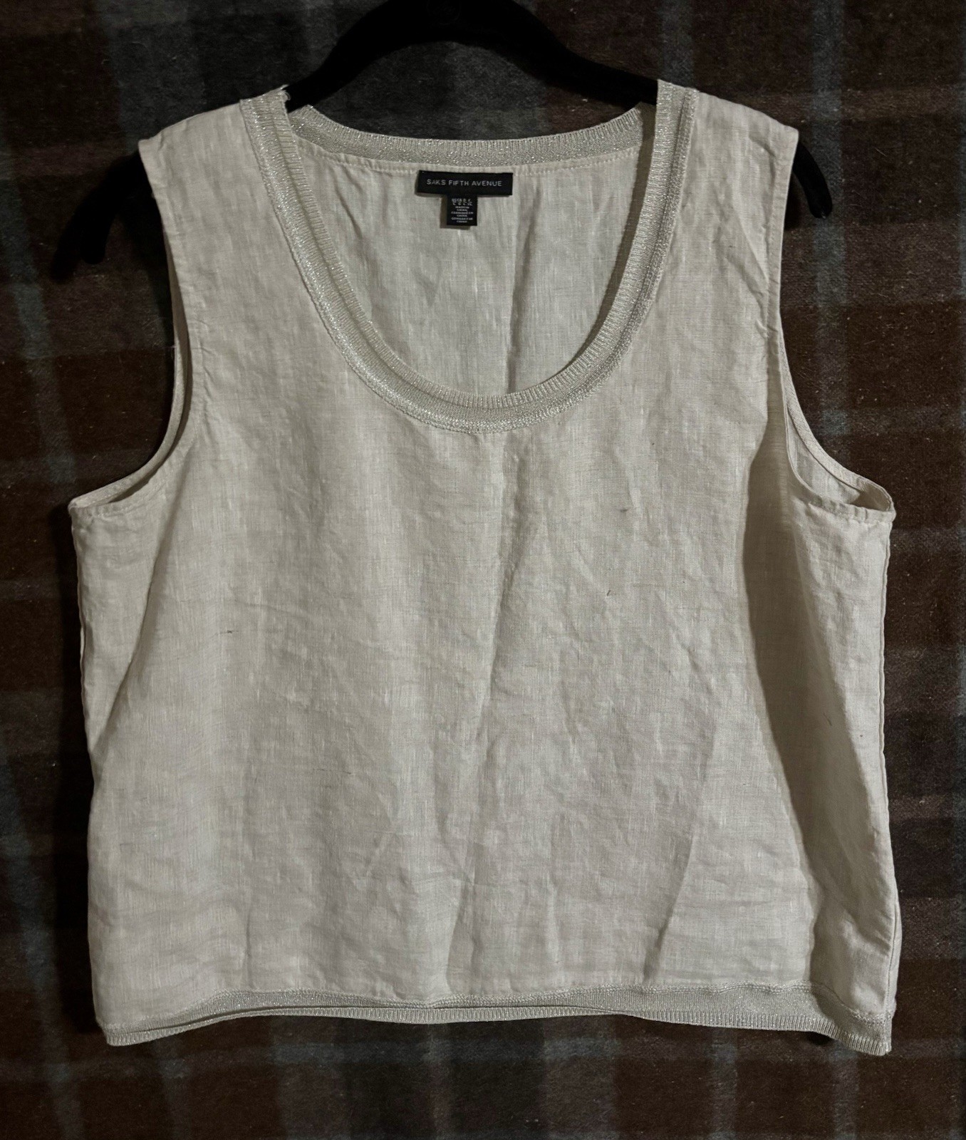 Saks, Fifth Avenue 100% Linen Tank Top With Sparkle Trim Size Large Excellent