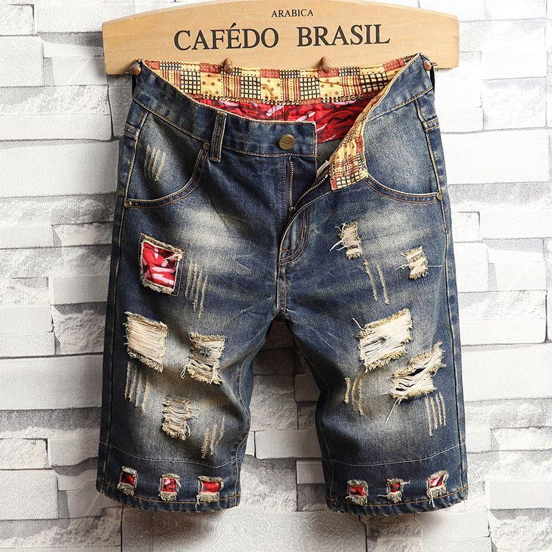 Men’s Vintage Ripped Denim Shorts Casual Loose Street Style Summer
