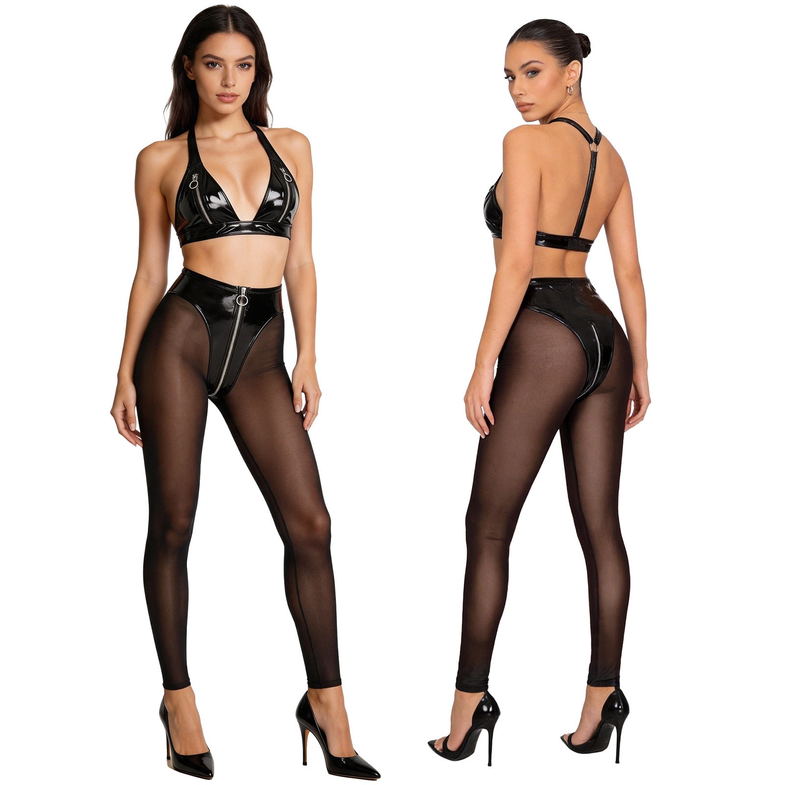 US Women Mesh 2 Piece Outfit Streetwear Bra Sheer Leggings Club Rave Costume
