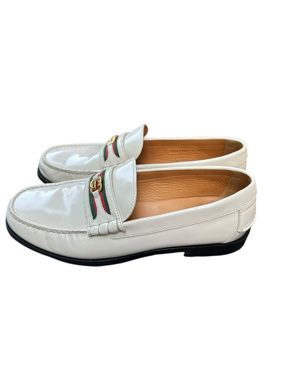 Men Genuine GUCCI Kaveh Webbing White Leather Loafers Shoes GG logo 9.5 US