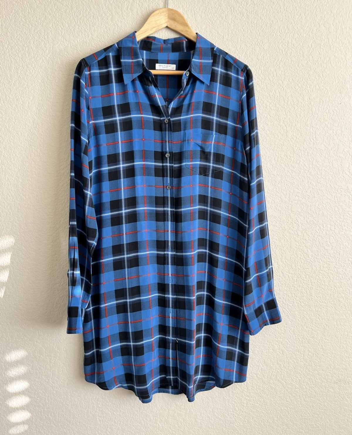 Equipment Femme 100% Silk Plaid Button-Up Shirt Dress Blouse Tunic V-Neck L/G