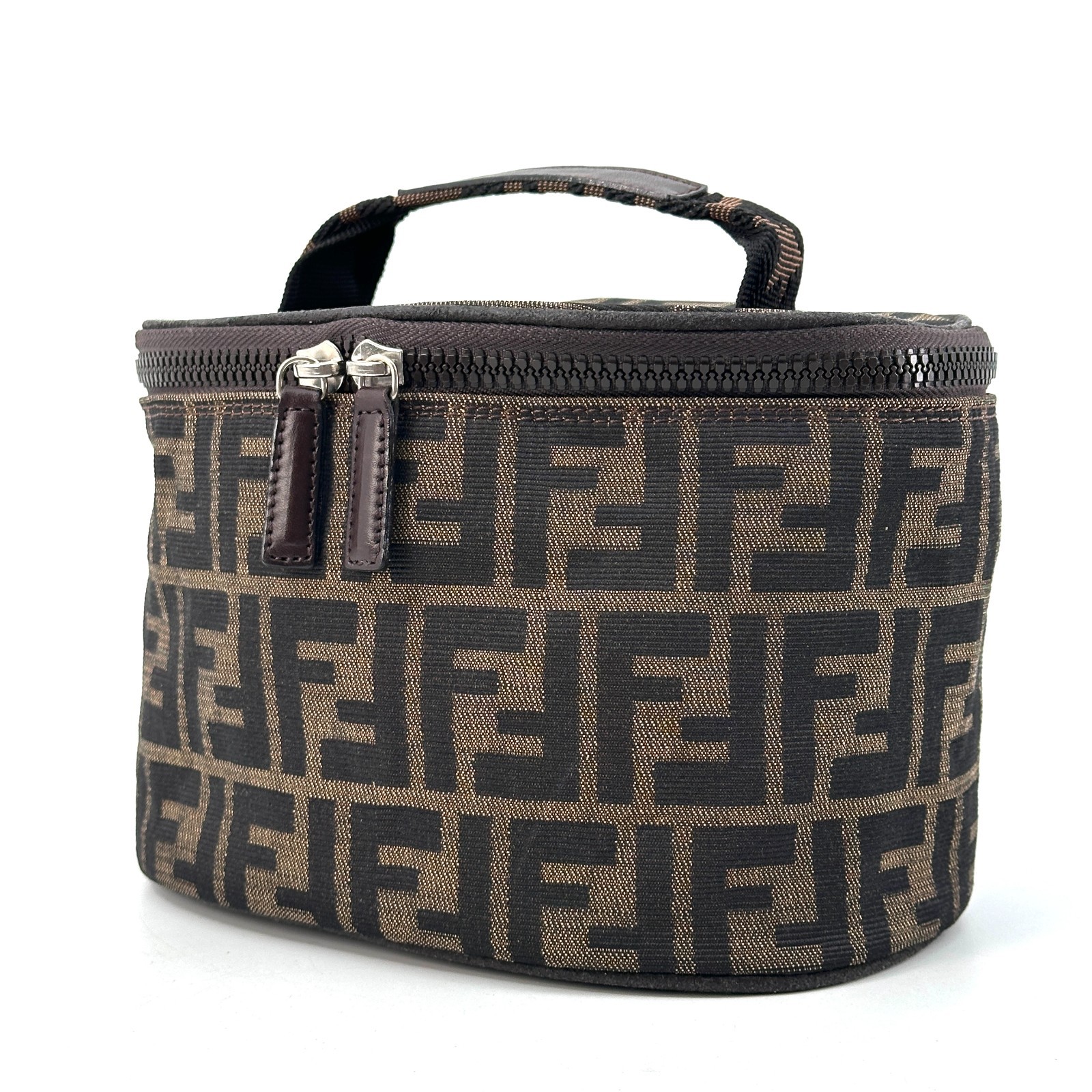 Fendi Zucca Pattern FF Vanity Bag Handbag Pouch Canvas Brown Authentic 0024