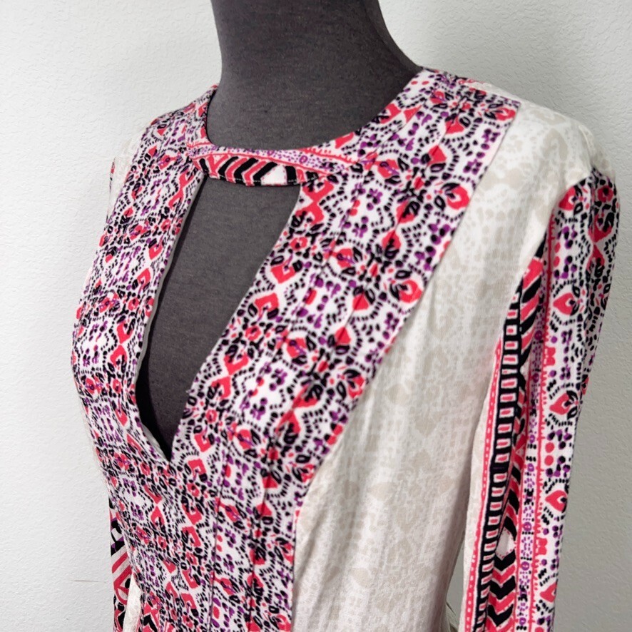 Free People Dress Women Dress 4 Pink Tegan Mini Dress V Neck Long Sleeve Boho