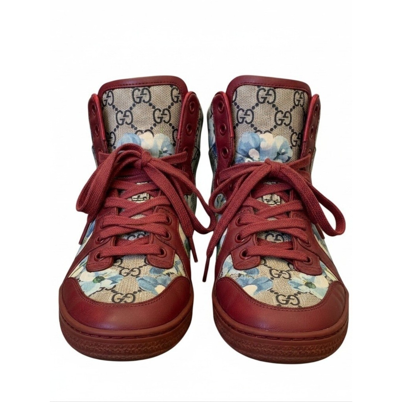 Gucci GG Blooms Floral High Top Sneakers Red Leather Canvas Shoes Size 37