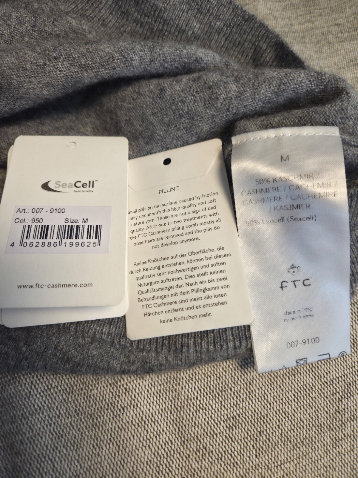 FTC Men’s Gray Cashmere Sweater with Seacell – Sz M (Super light weight & soft)