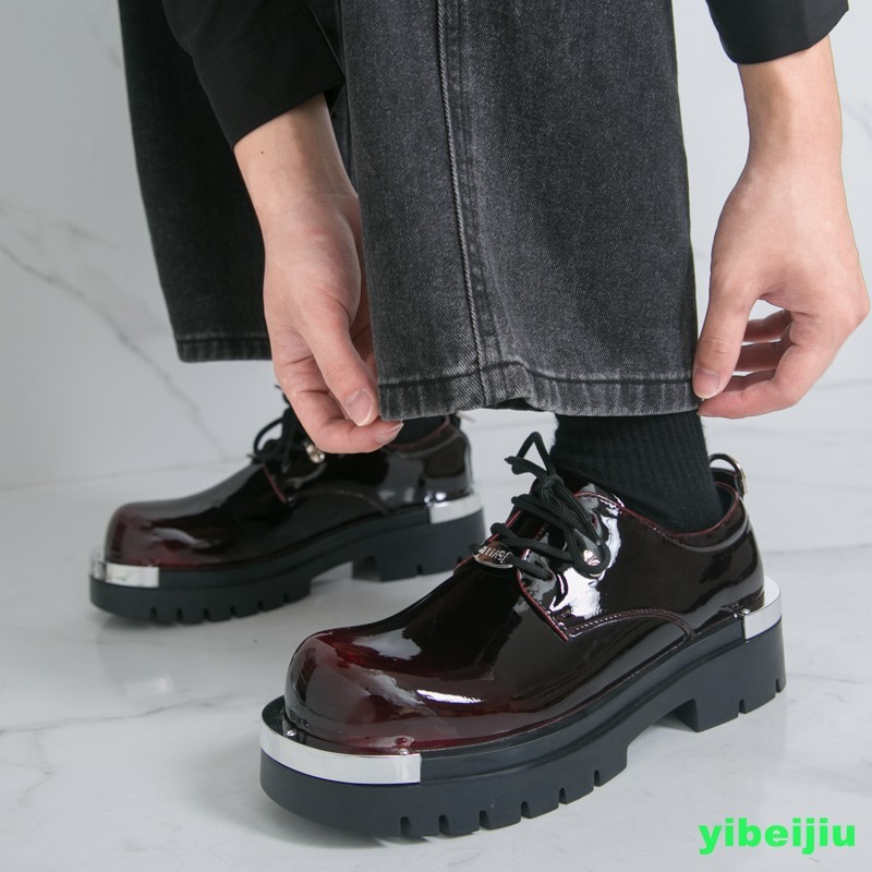 Men Shiny Leather Derby Dress Shoes Platform Metal Big Round Toe Wedding Fashion