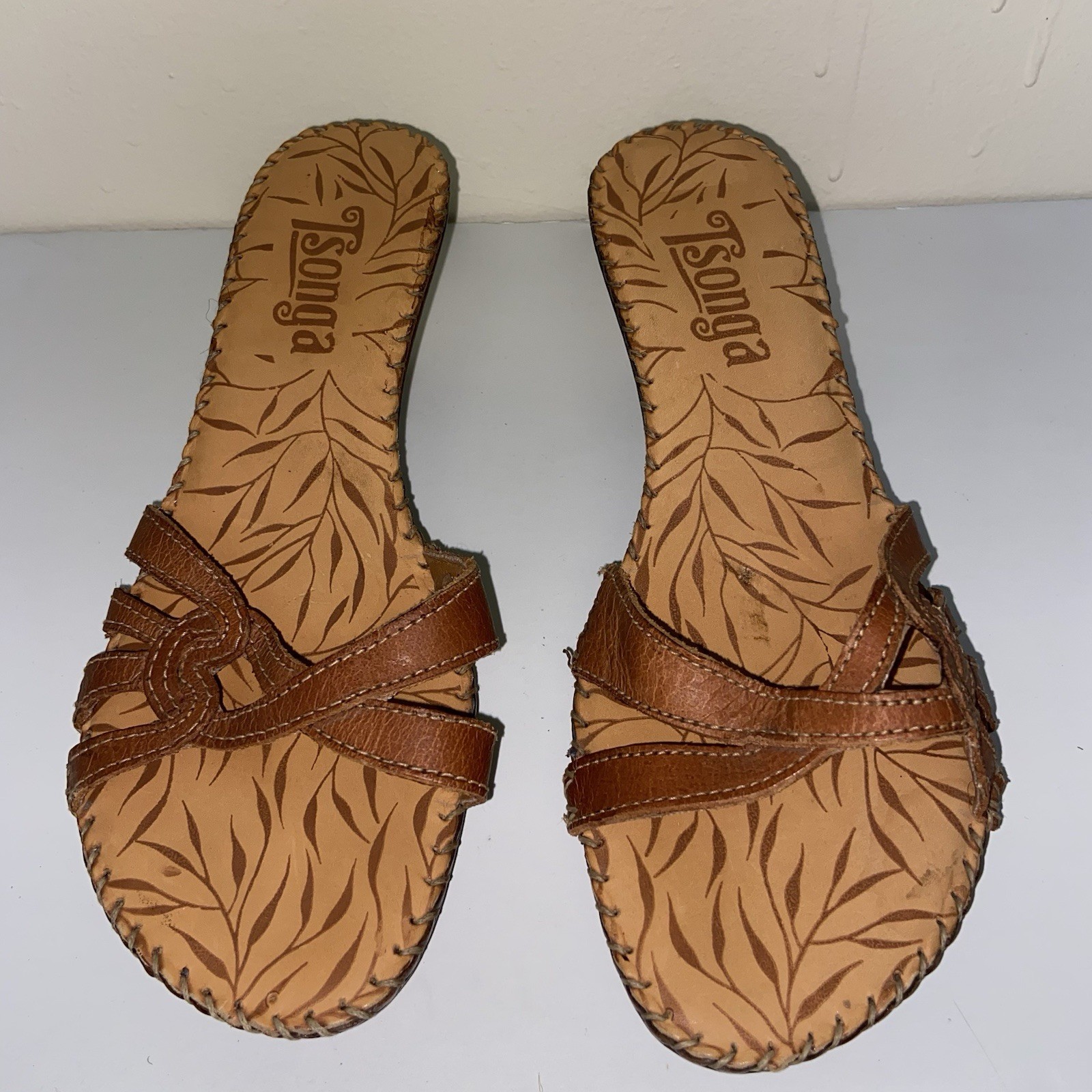 Tsonga Shoes Womens Size 7 Leather Kitten Heels Slip On Sandals Boho Artsy Brown