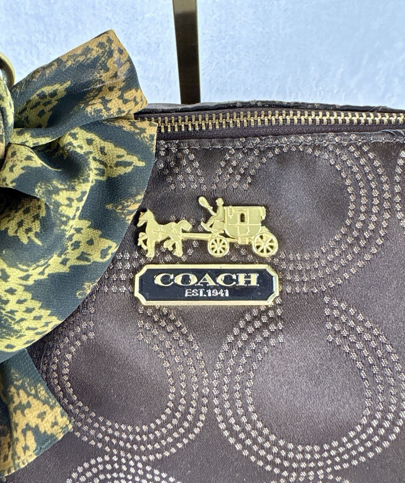 Coach Madison Dotted Op Art Sophia Satchel In Brown Sateen With Scarf
