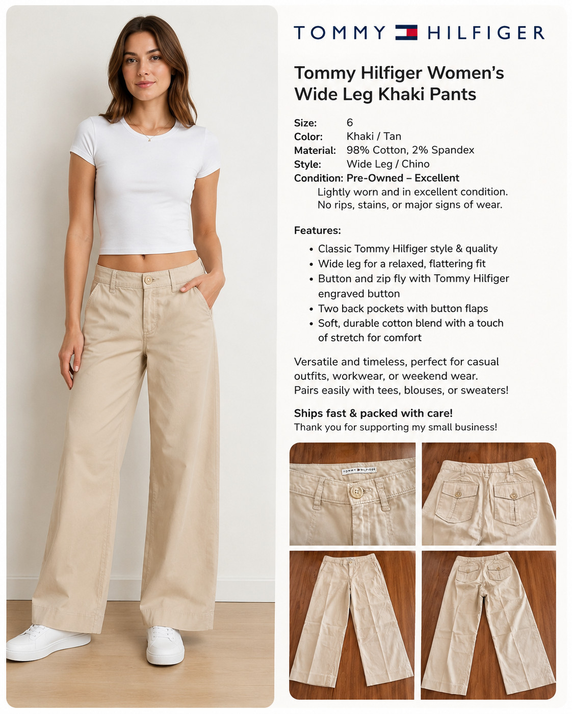 Tommy Hilfiger Women’s Wide Leg Khaki Pants – Size 6 – Classic Cotton Stretch