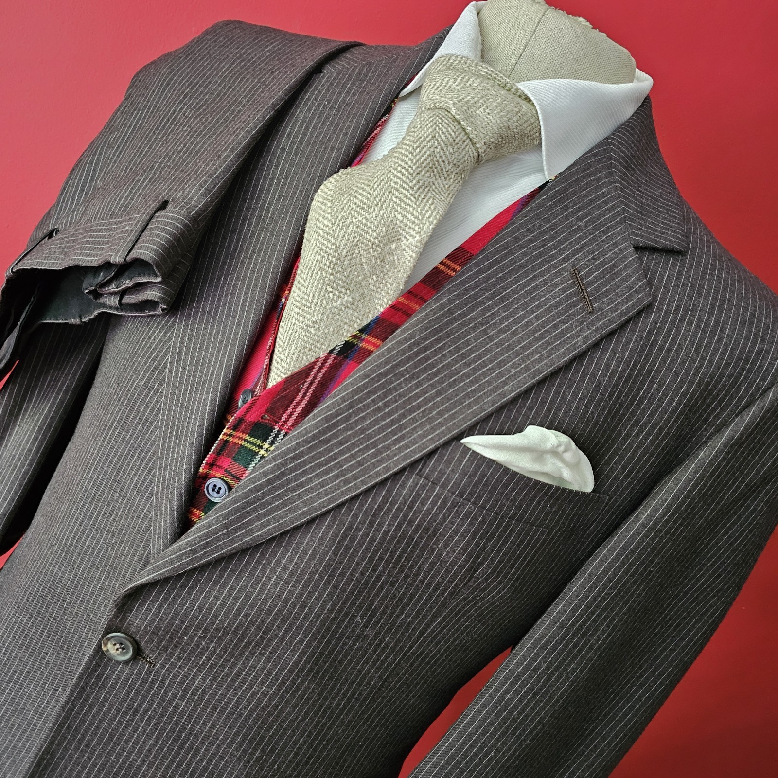 Vtg HICKEY FREEMAN International FLANNEL 2-PIECE SUIT – Brown w White PinStripes