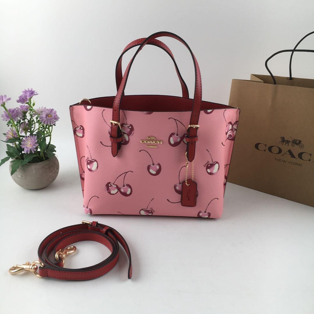 COACH CR293 Mollie Tote 25 2way Shoulder Bag Canvas Leather Cherry Pink Outlet