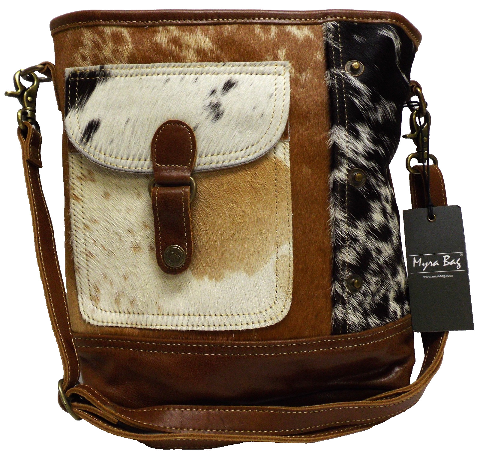 MYRA Bag Brown/White/Black Cowhide Leather CROSSBODY Hair-On Adjustable Straps