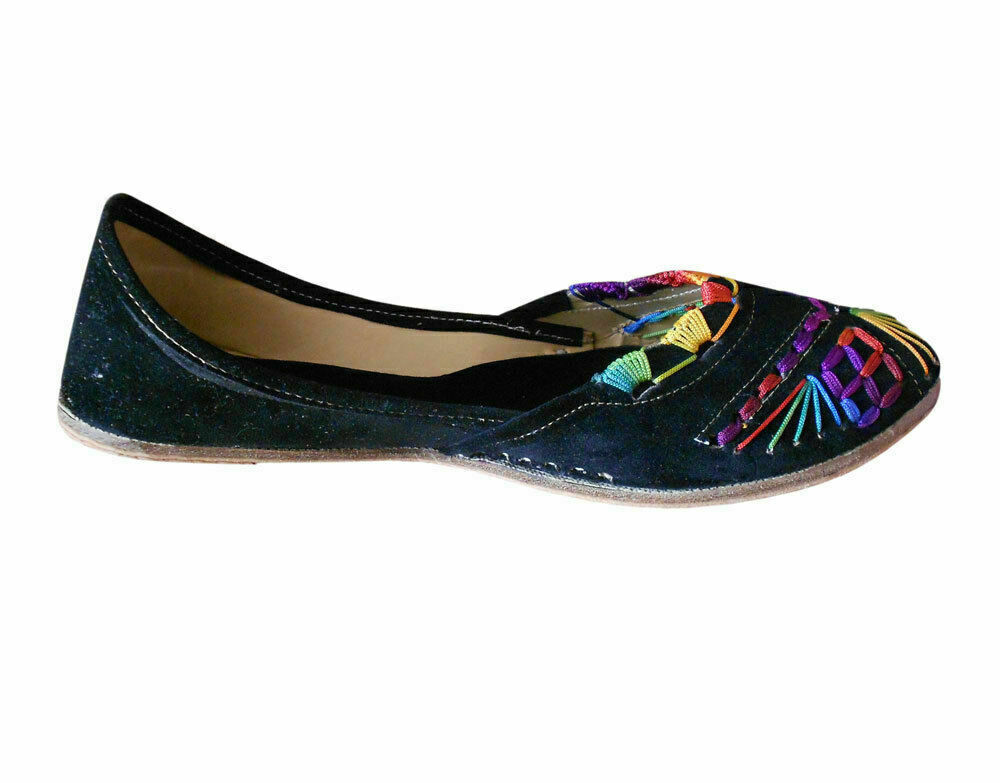 Women Shoes Indian Handmade Jutties Wedding Punjabi Black Mojaries Flats US 6-12
