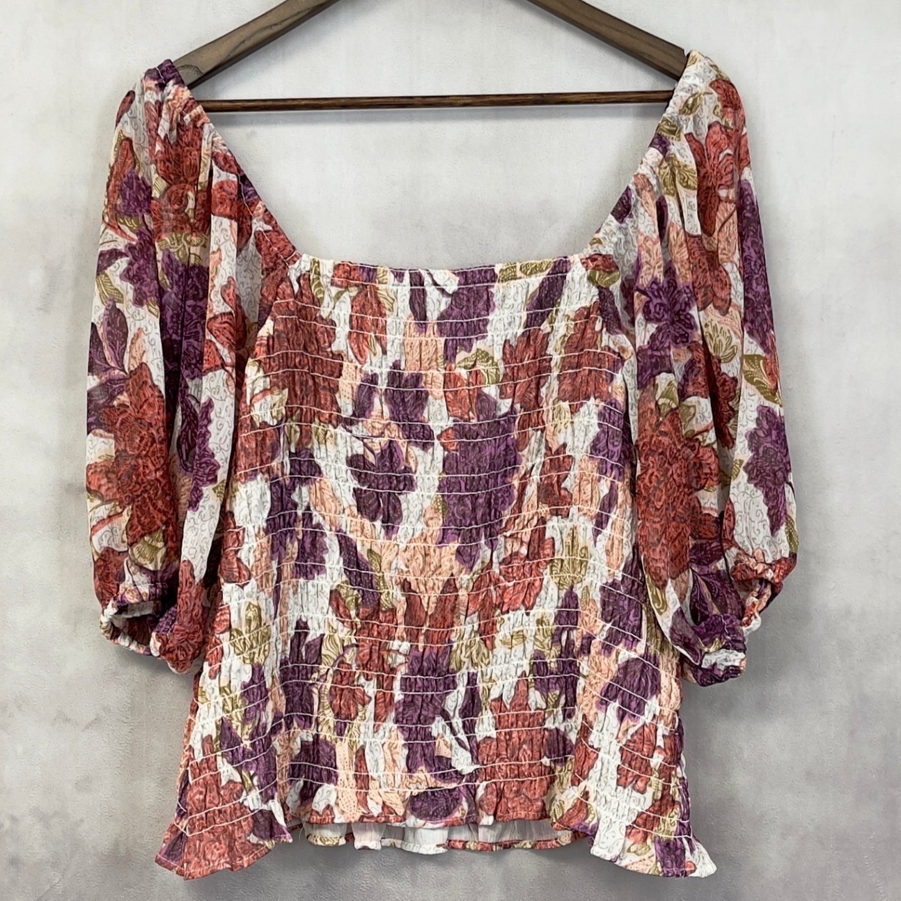 Old Navy Smocked Puff Sleeve Floral Top Women XXL Stretch Flowy Cottage Boho