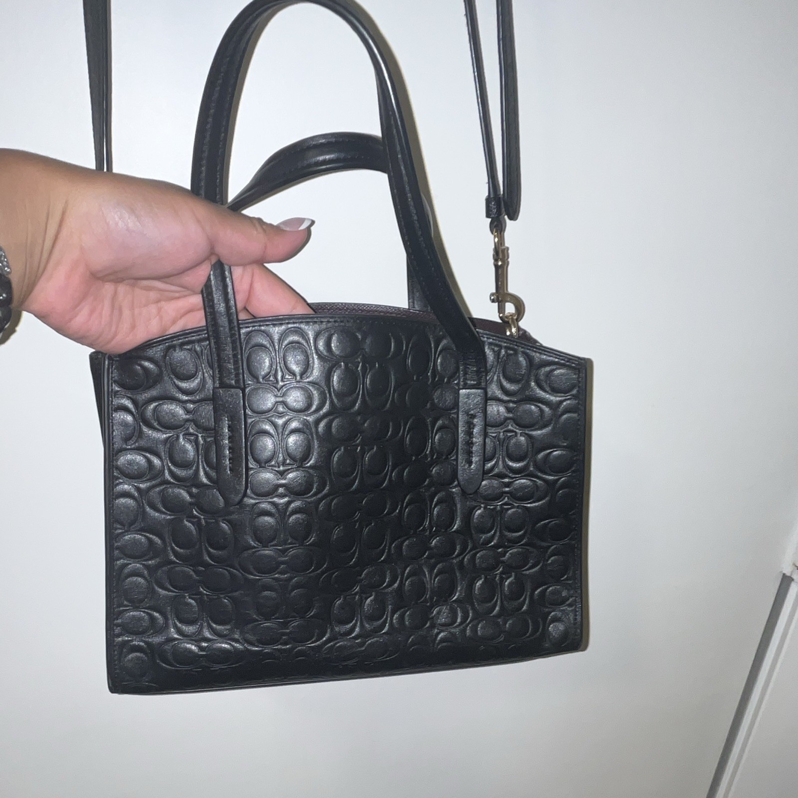Coach Black Embossed Logo Satchel Top Handle Zip Bag w/ Detachable Strap
