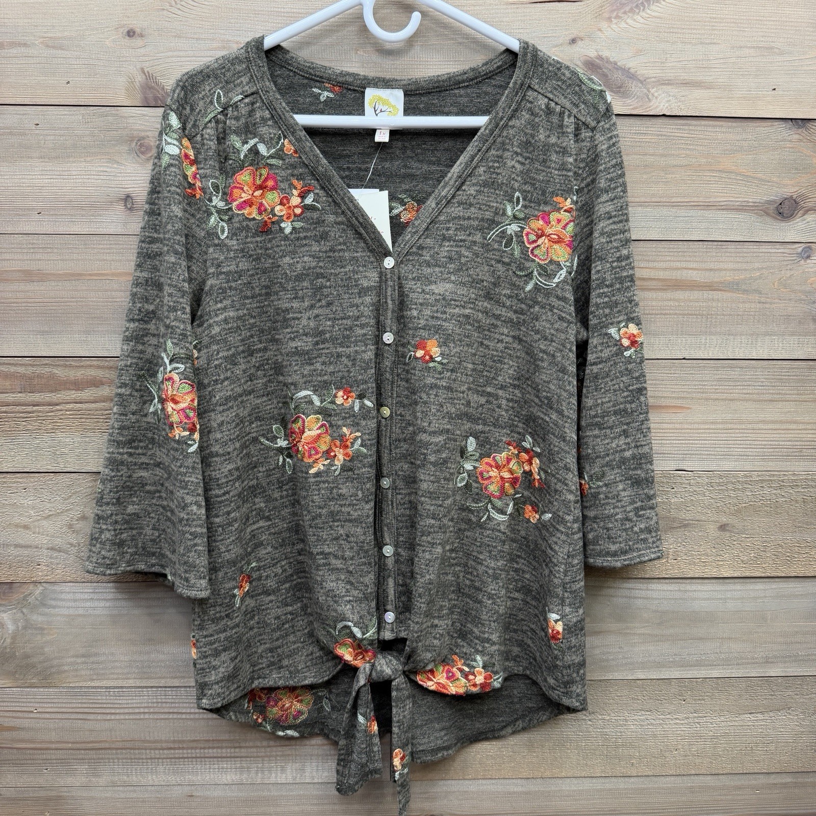 Fig And Flower Womens Shirt 3/4 Sleeve Floral Tie Front Embroidered Boho Size 1X